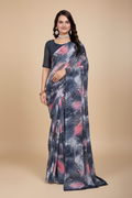 Snuggle Spot Women's Georgette Printed Saree With Unstitched Blouse 5.5Mtr (Grey-Pink)