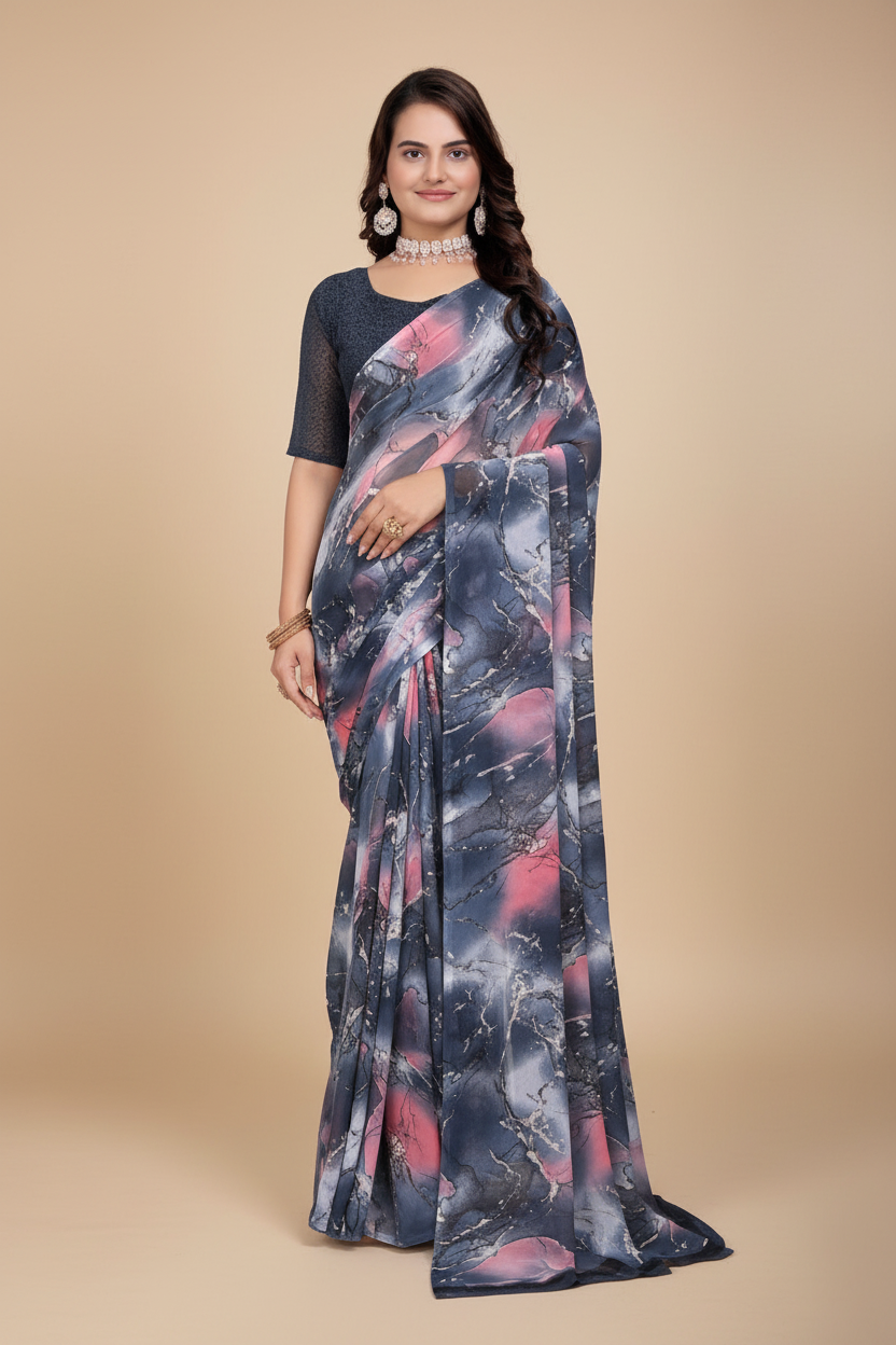 Snuggle Spot Women's Georgette Printed Saree With Unstitched Blouse 5.5Mtr (Grey-Pink)