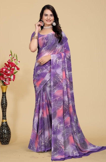 Snuggle SpotWomen's Georgette Printed Saree With Unstitched Blouse 5.5Mtr (Purple-Pink)