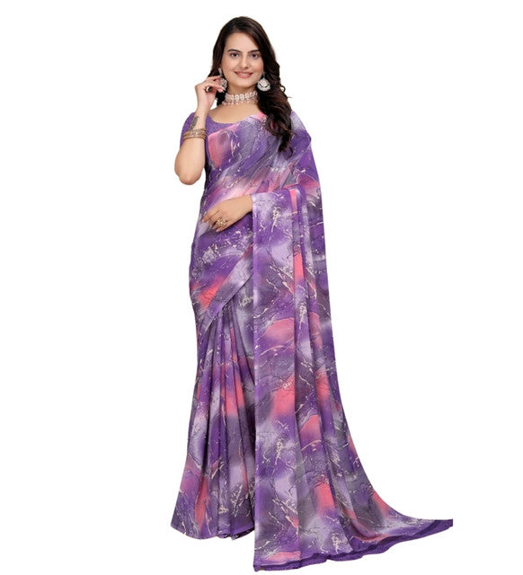 Snuggle SpotWomen's Georgette Printed Saree With Unstitched Blouse 5.5Mtr (Purple-Pink)