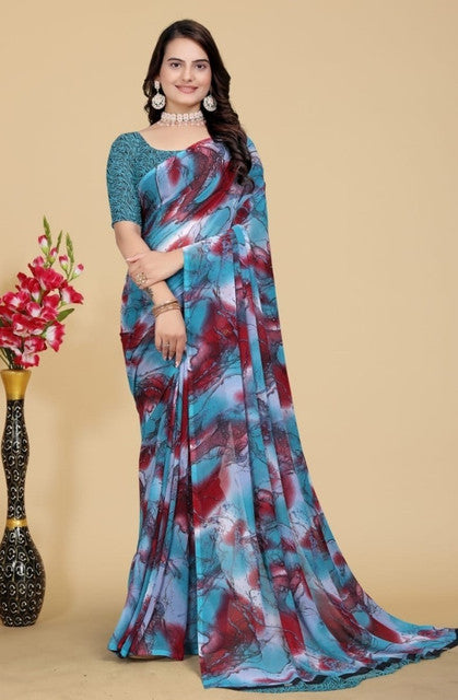 Snuggle SpotWomen's Georgette Printed Saree With Unstitched Blouse 5.5Mtr (Blue-Maroon)