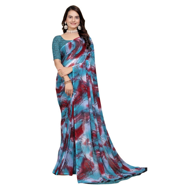 Snuggle SpotWomen's Georgette Printed Saree With Unstitched Blouse 5.5Mtr (Blue-Maroon)