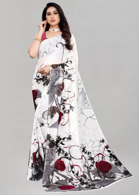 Snuggle SpotWomen's Georgette Printed Saree With Unstitched Blouse 5.5Mtr (White)