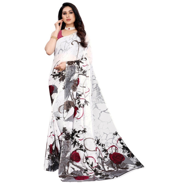 Snuggle SpotWomen's Georgette Printed Saree With Unstitched Blouse 5.5Mtr (White)