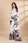 Snuggle Spot Women's Georgette Printed Saree With Unstitched Blouse 5.5Mtr (White)