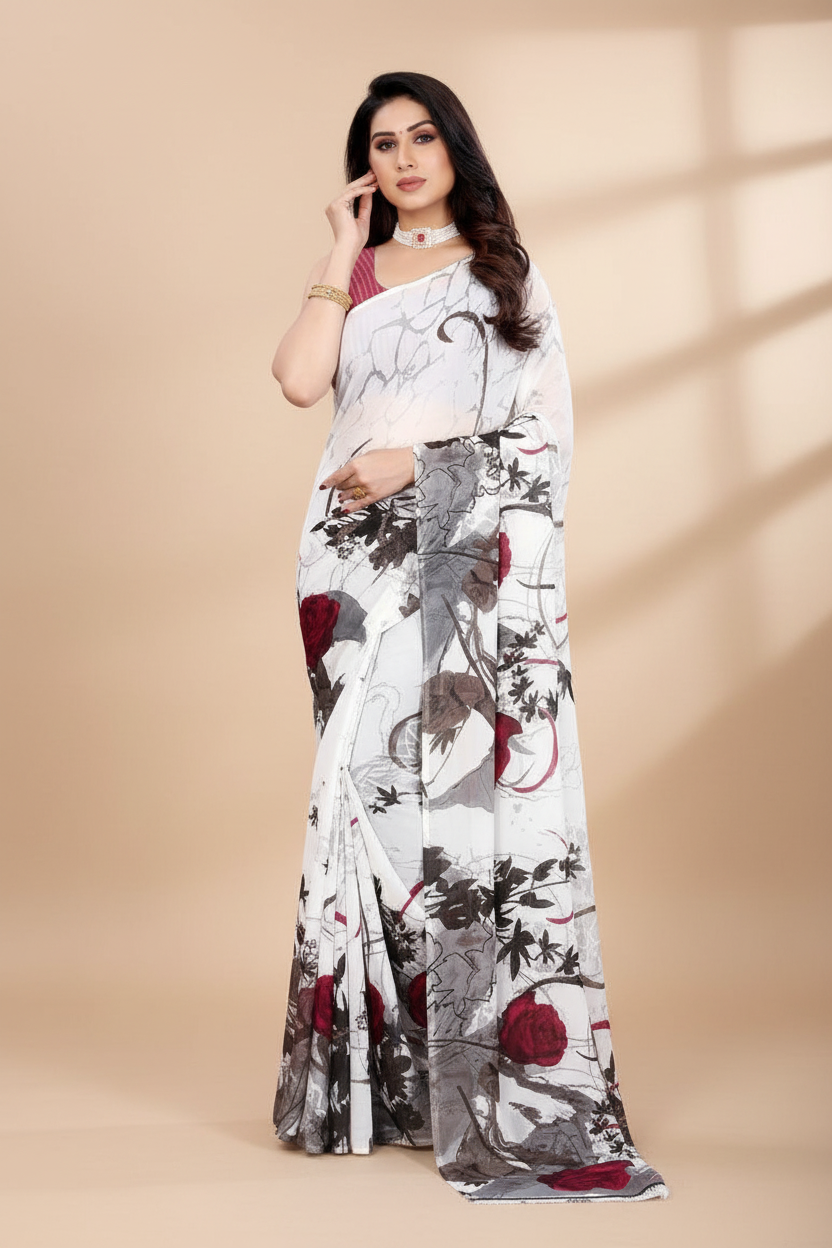 Snuggle Spot Women's Georgette Printed Saree With Unstitched Blouse 5.5Mtr (White)