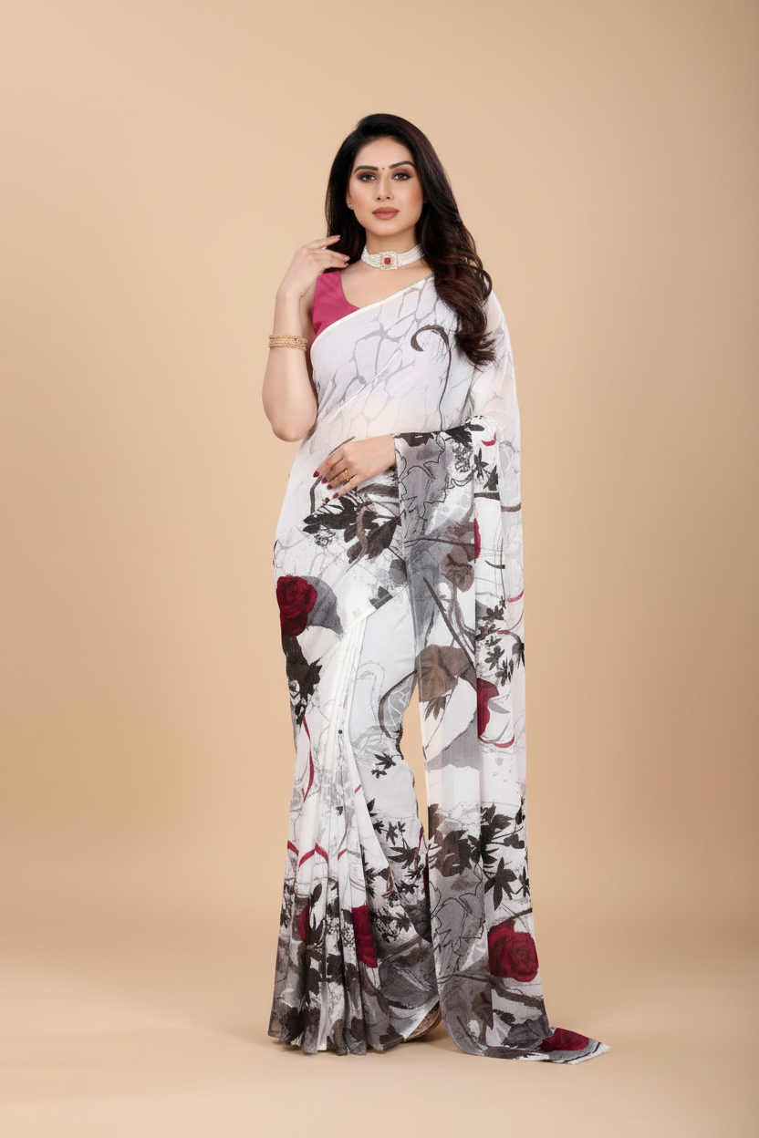 Snuggle Spot Women's Georgette Printed Saree With Unstitched Blouse 5.5Mtr (White)