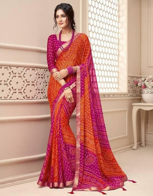 Snuggle SpotWomen's Georgette Bandhani Printed Saree With Unstitched Blouse 5.5Mtr (Orange-Magenta)