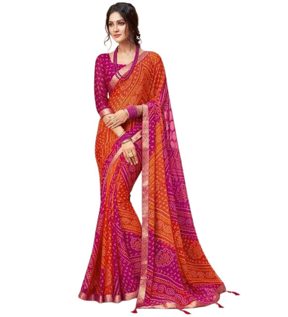 Snuggle SpotWomen's Georgette Bandhani Printed Saree With Unstitched Blouse 5.5Mtr (Orange-Magenta)
