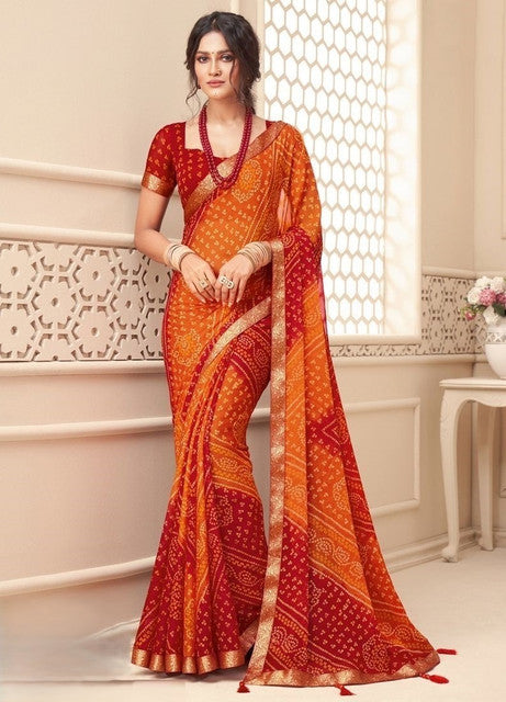 Snuggle SpotWomen's Georgette Bandhani Printed Saree With Unstitched Blouse 5.5Mtr (Orange-Red)