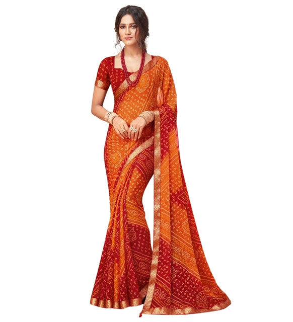 Snuggle SpotWomen's Georgette Bandhani Printed Saree With Unstitched Blouse 5.5Mtr (Orange-Red)