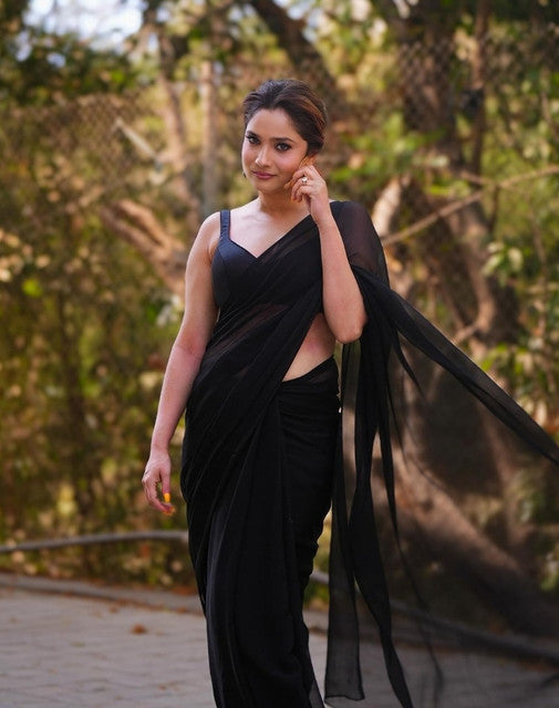 Snuggle SpotWomen's Georgette Solid Saree With Unstitched Blouse 5.5Mtr (Black)
