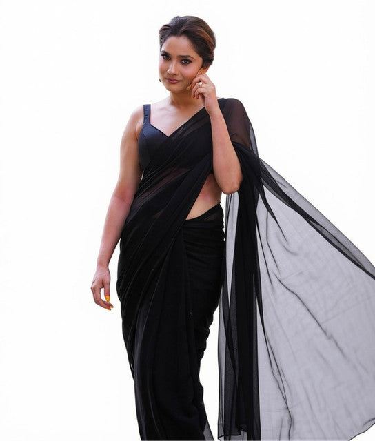 Snuggle SpotWomen's Georgette Solid Saree With Unstitched Blouse 5.5Mtr (Black)