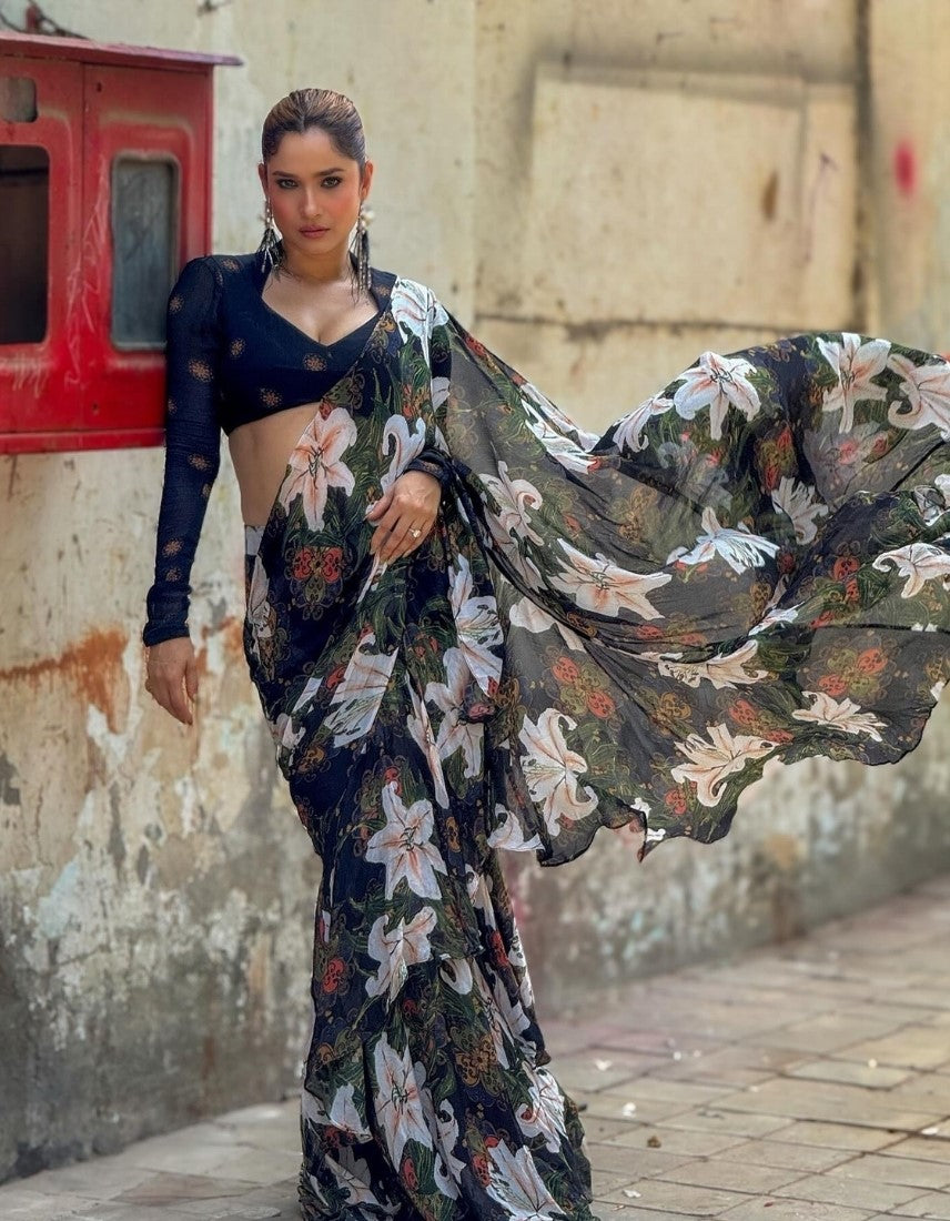 Snuggle SpotWomen's Georgette Floral Printed Saree With Unstitched Blouse 5.5Mtr (Black)