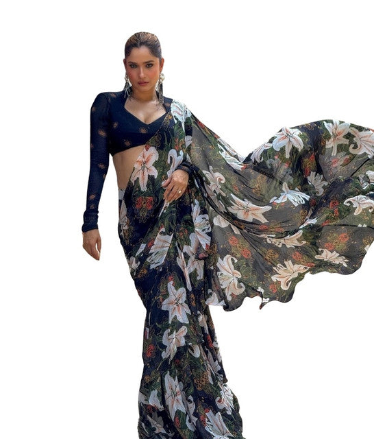 Snuggle SpotWomen's Georgette Floral Printed Saree With Unstitched Blouse 5.5Mtr (Black)