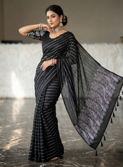 Snuggle SpotWomen's Georgette Striped Saree With Unstitched Blouse 5.5Mtr (Black)