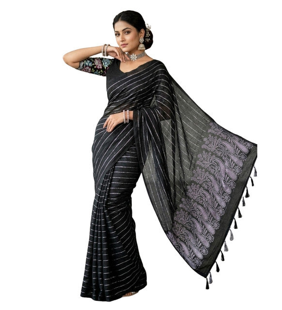 Snuggle SpotWomen's Georgette Striped Saree With Unstitched Blouse 5.5Mtr (Black)
