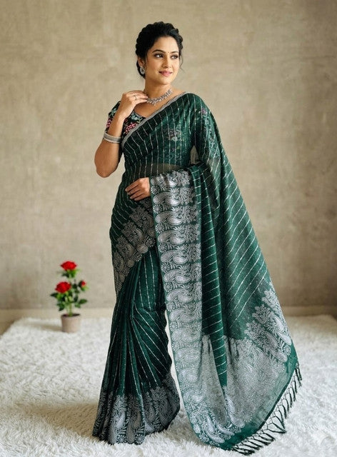 Snuggle SpotWomen's Georgette Striped Saree With Unstitched Blouse 5.5Mtr (Dark Green)
