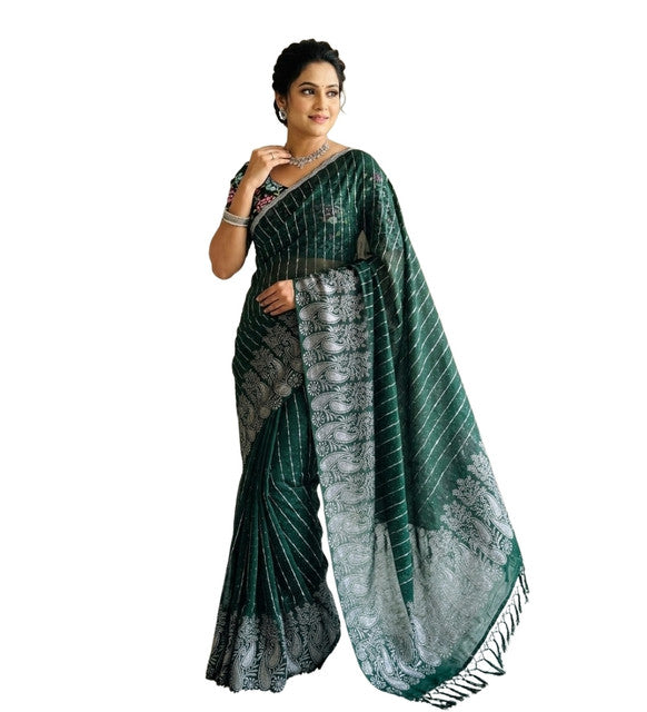 Snuggle SpotWomen's Georgette Striped Saree With Unstitched Blouse 5.5Mtr (Dark Green)