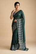 Snuggle Spot Women's Georgette Striped Saree With Unstitched Blouse 5.5Mtr (Dark Green)