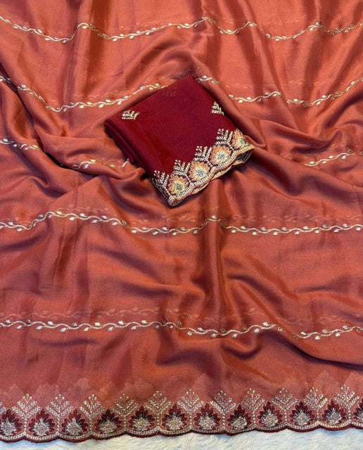 Snuggle SpotWomen's Georgette Embroidered Saree With Unstitched Blouse 5.5Mtr (Rust Orange)