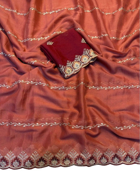 Snuggle SpotWomen's Georgette Embroidered Saree With Unstitched Blouse 5.5Mtr (Rust Orange)