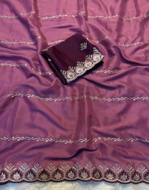 Snuggle SpotWomen's Georgette Embroidered Saree With Unstitched Blouse 5.5Mtr (Pink)