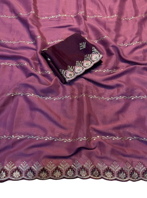 Snuggle SpotWomen's Georgette Embroidered Saree With Unstitched Blouse 5.5Mtr (Pink)