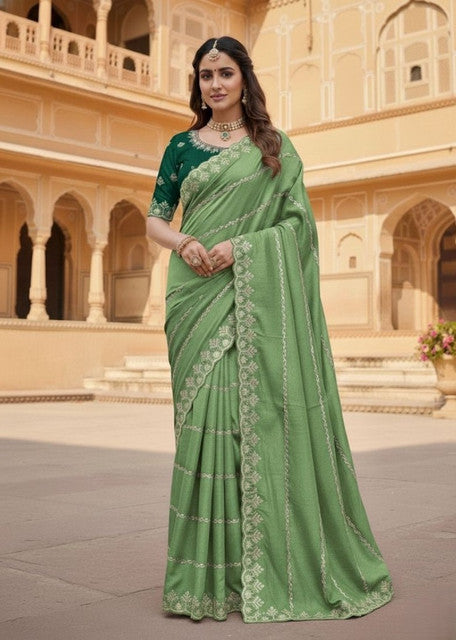 Snuggle SpotWomen's Georgette Embroidered Saree With Unstitched Blouse 5.5Mtr (Pista Green)