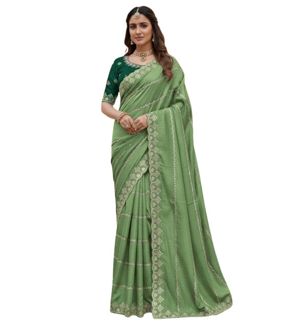 Snuggle SpotWomen's Georgette Embroidered Saree With Unstitched Blouse 5.5Mtr (Pista Green)