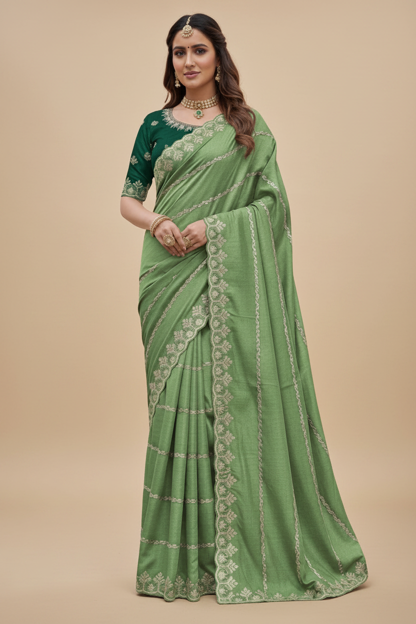Snuggle SpotWomen's Georgette Embroidered Saree With Unstitched Blouse 5.5Mtr (Pista Green)