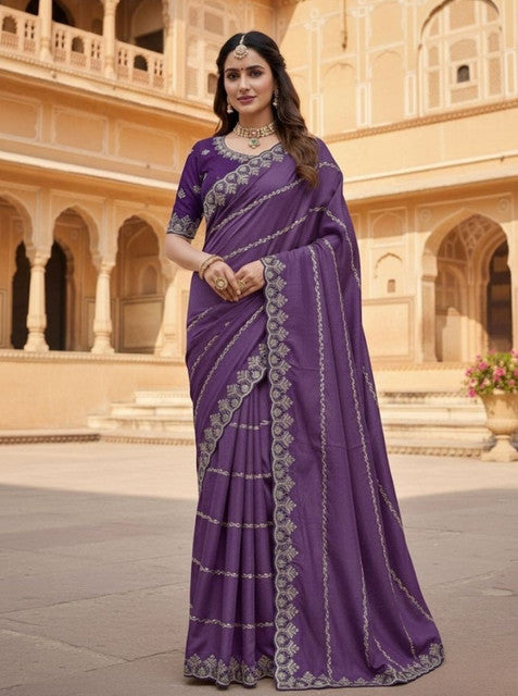 Snuggle SpotWomen's Georgette Embroidered Saree With Unstitched Blouse 5.5Mtr (Purple)