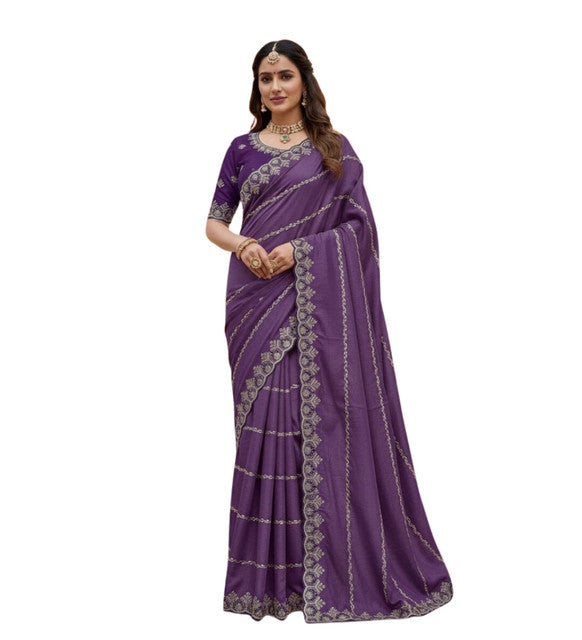 Snuggle SpotWomen's Georgette Embroidered Saree With Unstitched Blouse 5.5Mtr (Purple)