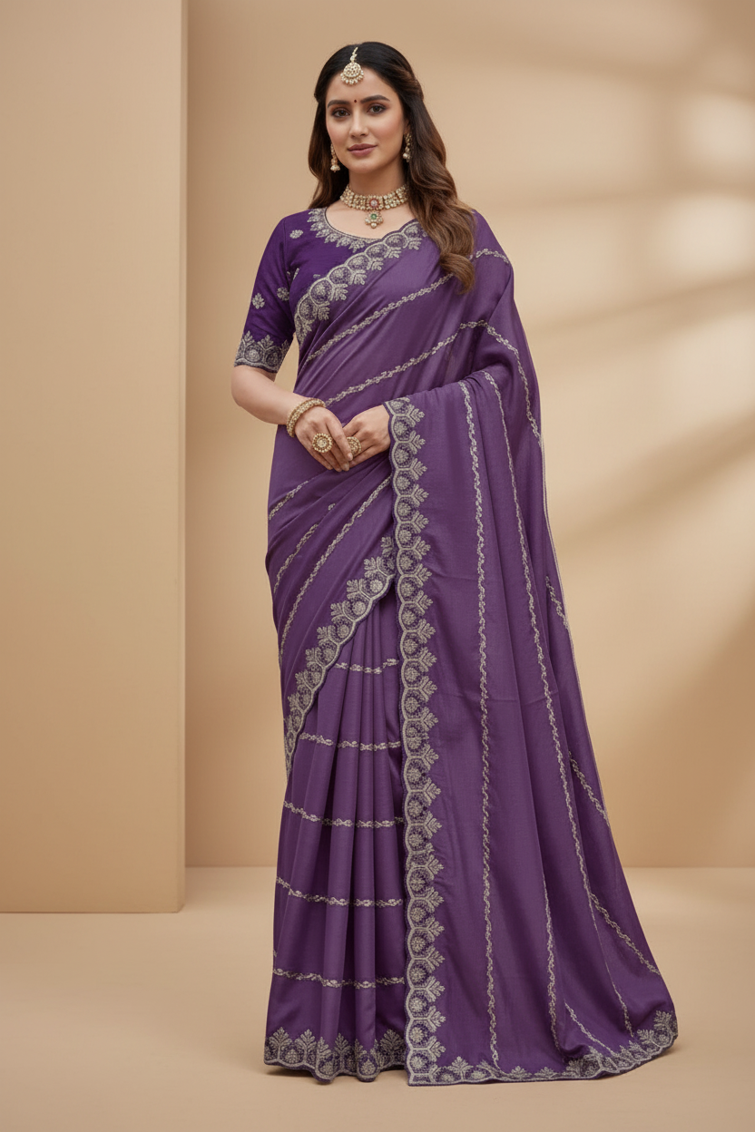 Snuggle Spot Women's Georgette Embroidered Saree With Unstitched Blouse 5.5Mtr (Purple)