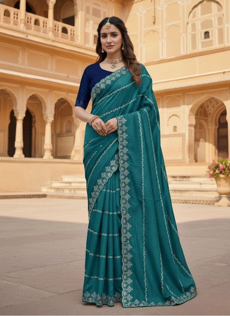 Snuggle SpotWomen's Georgette Embroidered Saree With Unstitched Blouse 5.5Mtr (Teal)