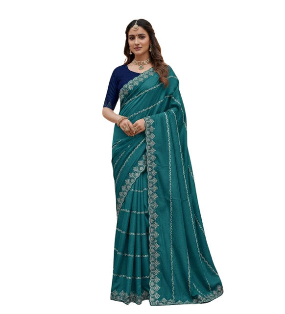 Snuggle SpotWomen's Georgette Embroidered Saree With Unstitched Blouse 5.5Mtr (Teal)