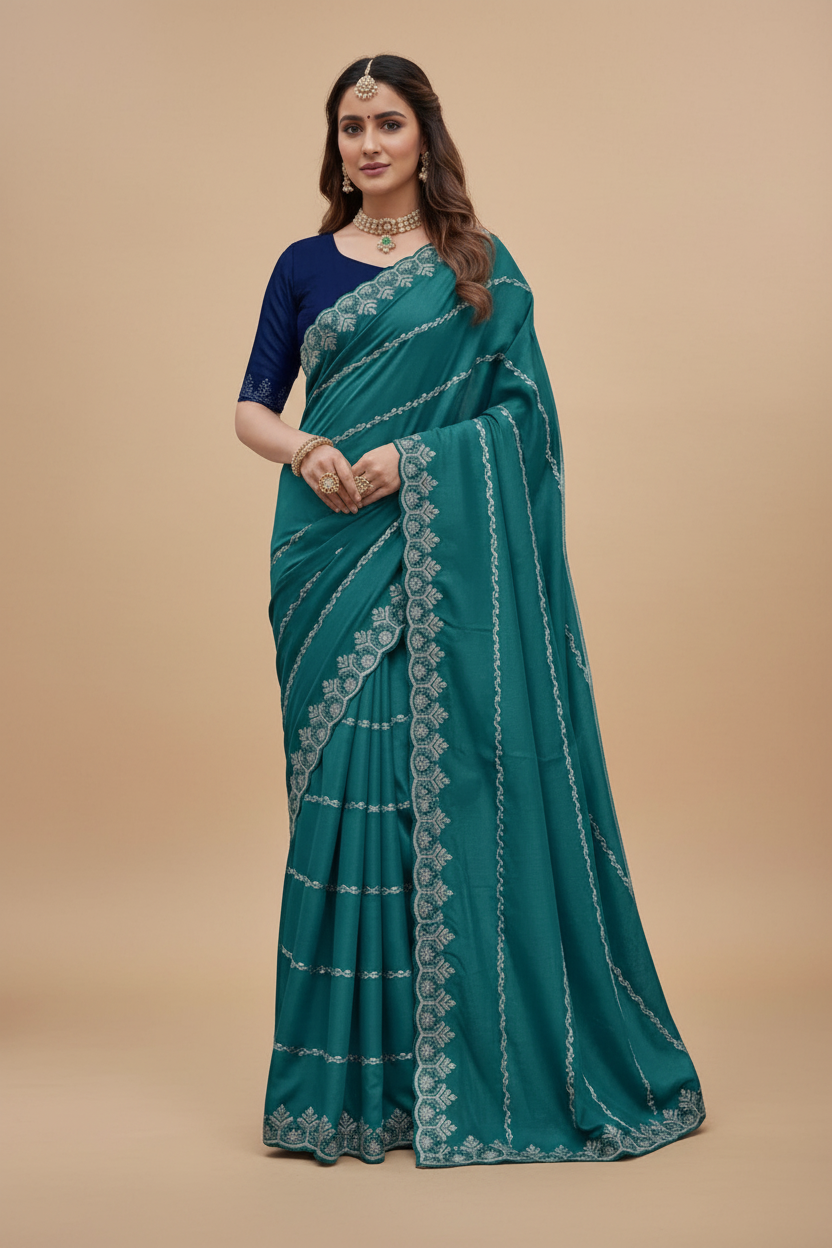 Snuggle Spot Women's Georgette Embroidered Saree With Unstitched Blouse 5.5Mtr (Teal)