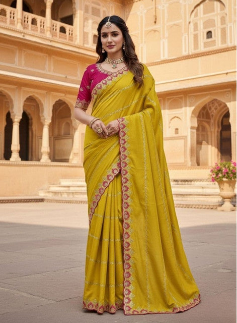 Snuggle SpotWomen's Georgette Embroidered Saree With Unstitched Blouse 5.5Mtr (Yellow)