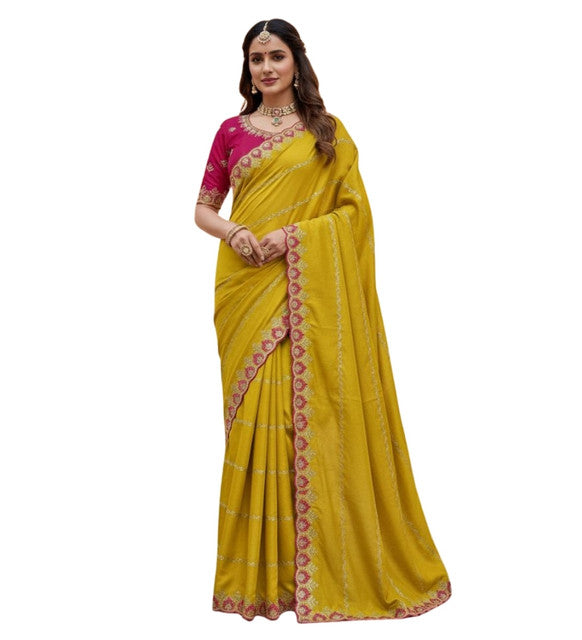 Snuggle SpotWomen's Georgette Embroidered Saree With Unstitched Blouse 5.5Mtr (Yellow)