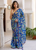 Snuggle SpotWomen's Georgette Floral Printed Saree With Unstitched Blouse 5.5Mtr (Blue)