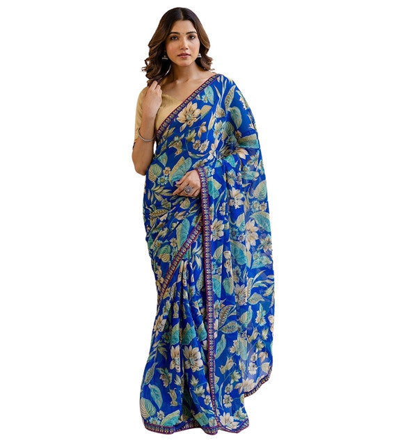 Snuggle SpotWomen's Georgette Floral Printed Saree With Unstitched Blouse 5.5Mtr (Blue)