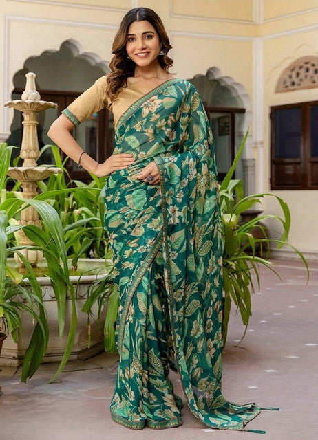 Snuggle SpotWomen's Georgette Floral Printed Saree With Unstitched Blouse 5.5Mtr (Green)