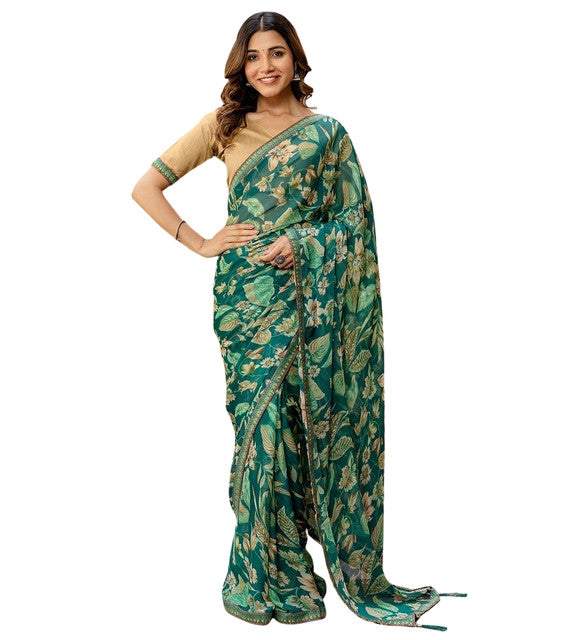 Snuggle SpotWomen's Georgette Floral Printed Saree With Unstitched Blouse 5.5Mtr (Green)