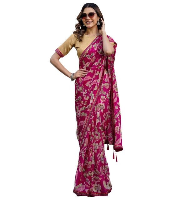 Snuggle SpotWomen's Georgette Floral Printed Saree With Unstitched Blouse 5.5Mtr (Magenta)