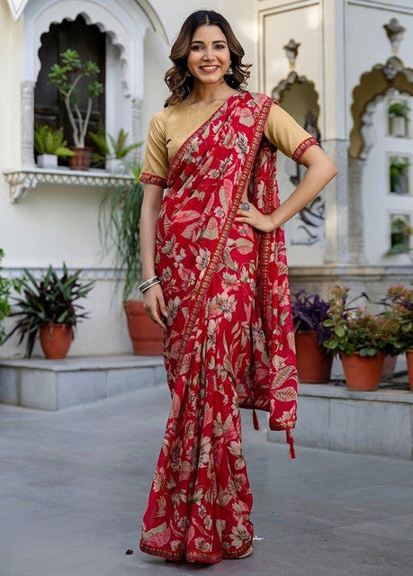 Snuggle SpotWomen's Georgette Floral Printed Saree With Unstitched Blouse 5.5Mtr (Red)