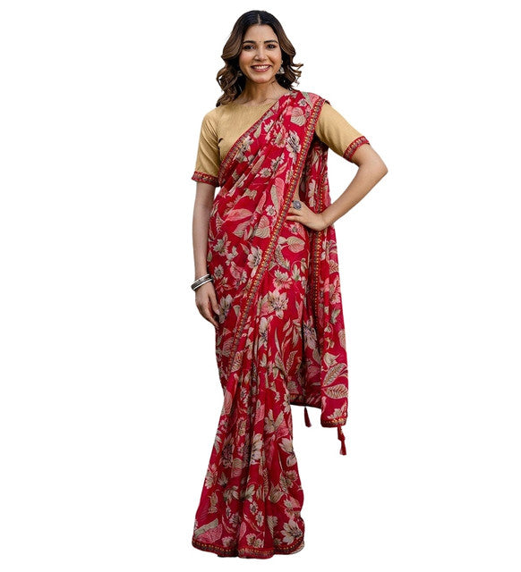 Snuggle SpotWomen's Georgette Floral Printed Saree With Unstitched Blouse 5.5Mtr (Red)