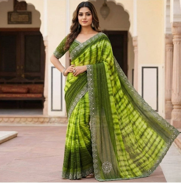 Snuggle SpotWomen's Georgette Striped Saree With Unstitched Blouse 5.5Mtr (Mehendi)