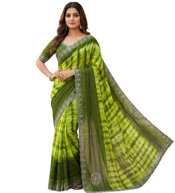 Snuggle SpotWomen's Georgette Striped Saree With Unstitched Blouse 5.5Mtr (Mehendi)