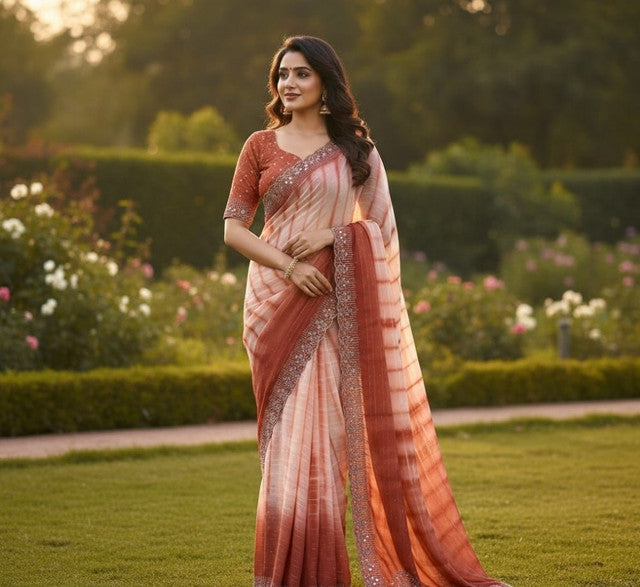 Snuggle SpotWomen's Georgette Striped Saree With Unstitched Blouse 5.5Mtr (Peach)