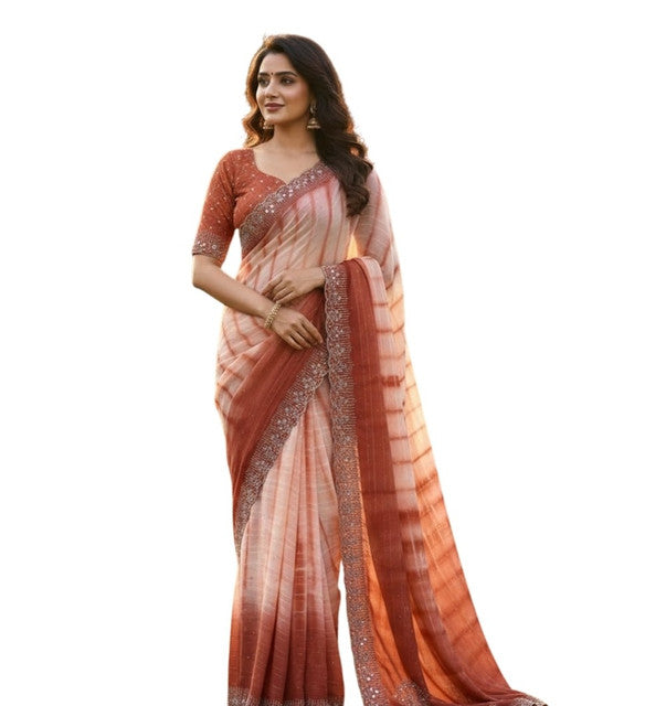 Snuggle SpotWomen's Georgette Striped Saree With Unstitched Blouse 5.5Mtr (Peach)